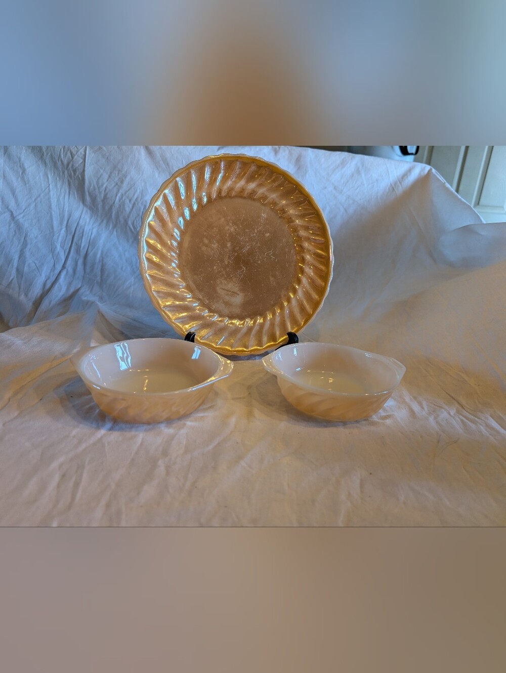 2/40$ Fire King Peach-Glass Swirl Plate with Two Matching Peach Bowls